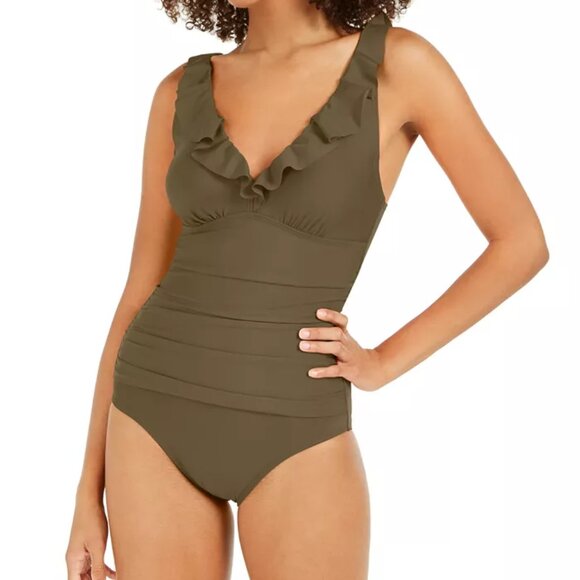 NWT DKNY Women Ruffle Plunge Underwire Tummy Control One-Piece Sz 6-18 $99 9B730 - Picture 3 of 5